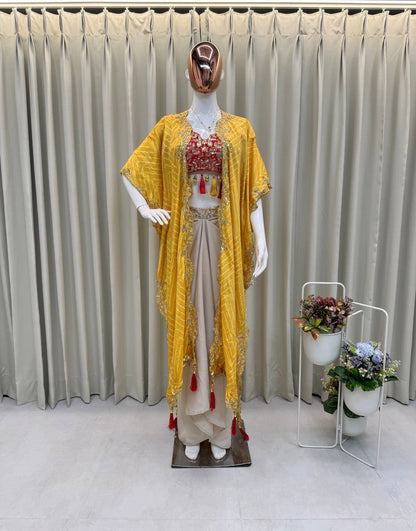 "Elegant Sequence Embroidered Ensemble: Tube Blouse, Draped Skirt & Shrug"