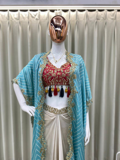 "Elegant Sequence Embroidered Ensemble: Tube Blouse, Draped Skirt & Shrug"
