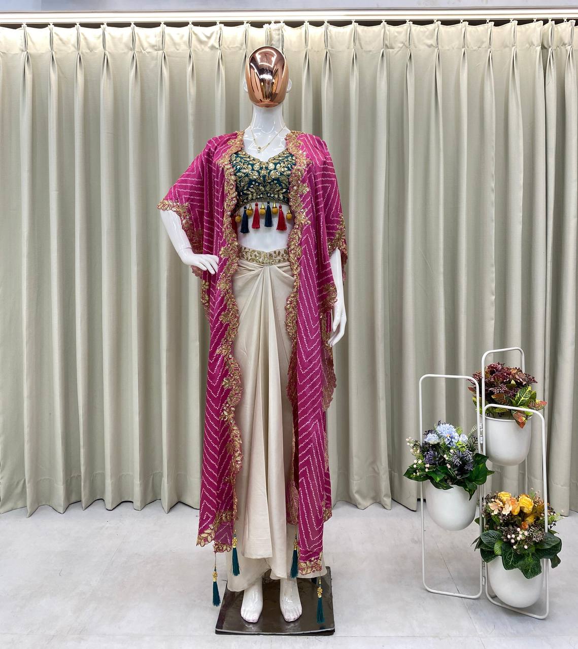 "Elegant Sequence Embroidered Ensemble: Tube Blouse, Draped Skirt & Shrug"