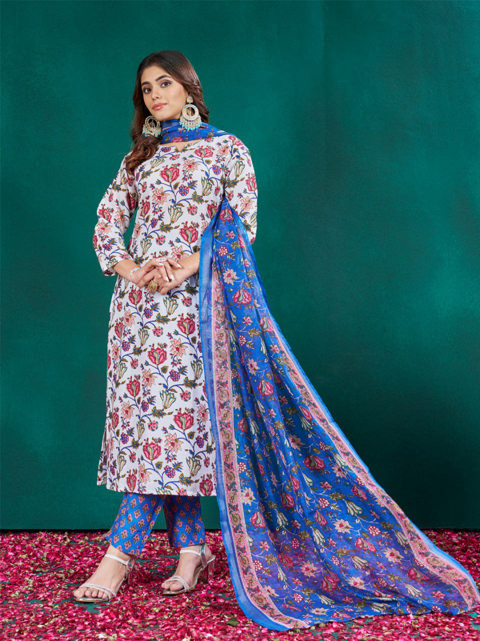 "Elegant White Cotton Blend Printed Kurti Set with Pant & Dupatta"