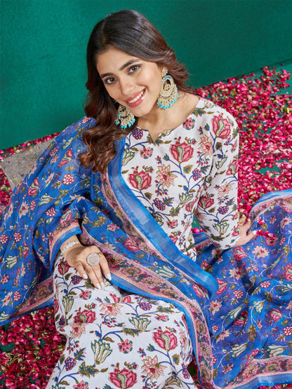 "Elegant White Cotton Blend Printed Kurti Set with Pant & Dupatta"