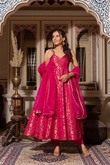 "Elegant Jacquard Silk Ensemble with Cotton Micro Pants & Soft Butterfly Net Dupatta"