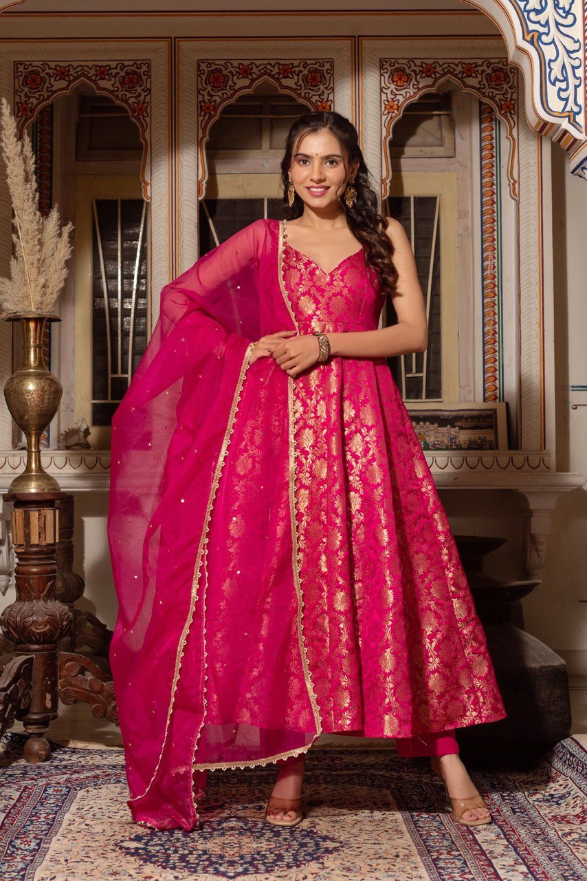 "Elegant Jacquard Silk Ensemble with Cotton Micro Pants & Soft Butterfly Net Dupatta"