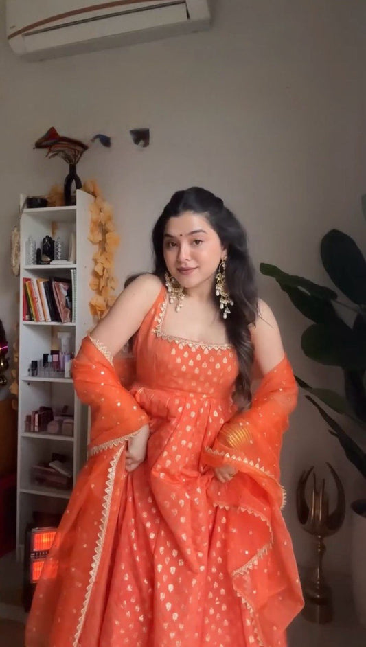 Designer Jacquard Silk Top with Cotton Pants and Sequins Dupatta