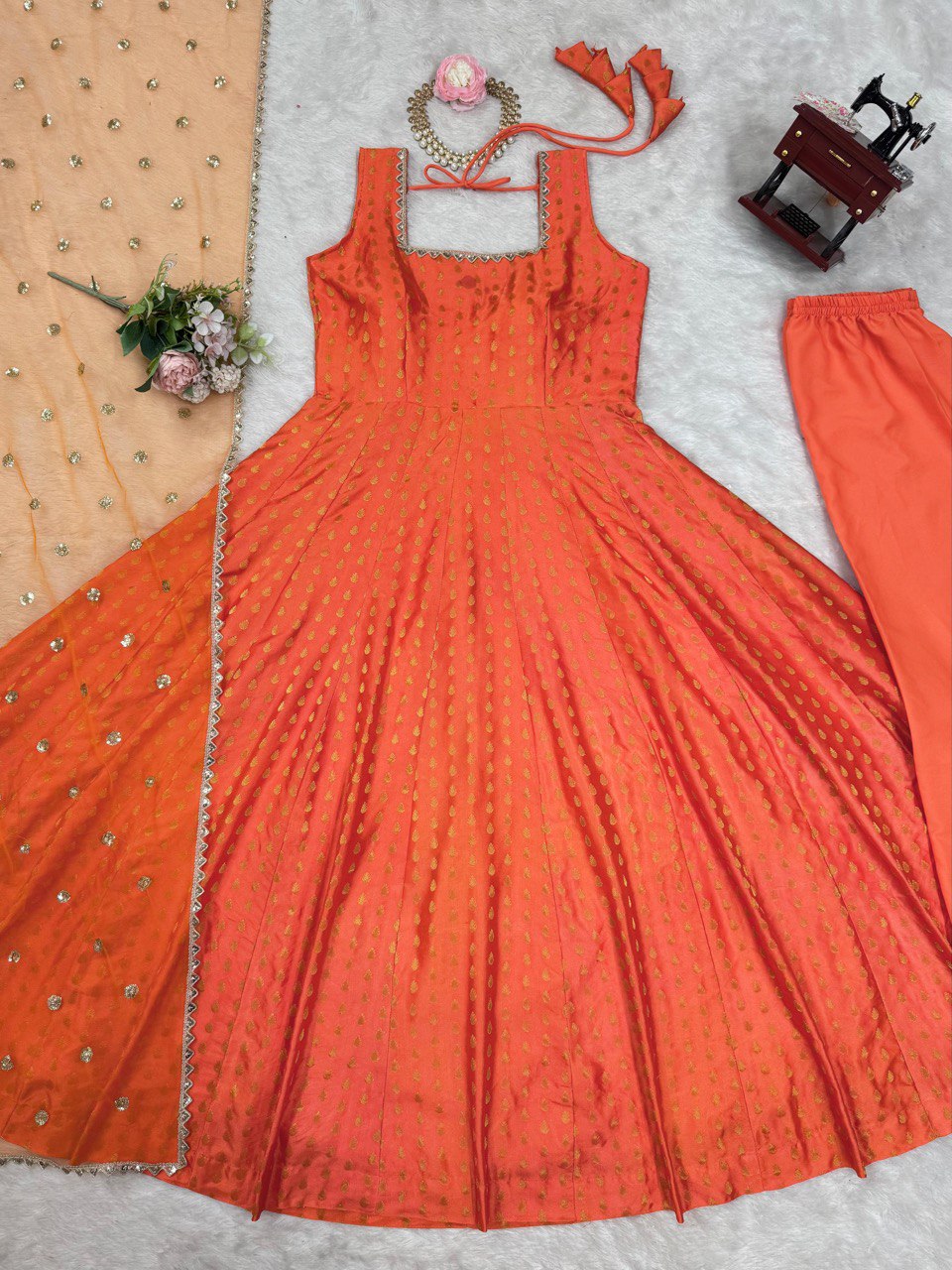 Designer Jacquard Silk Top with Cotton Pants and Sequins Dupatta