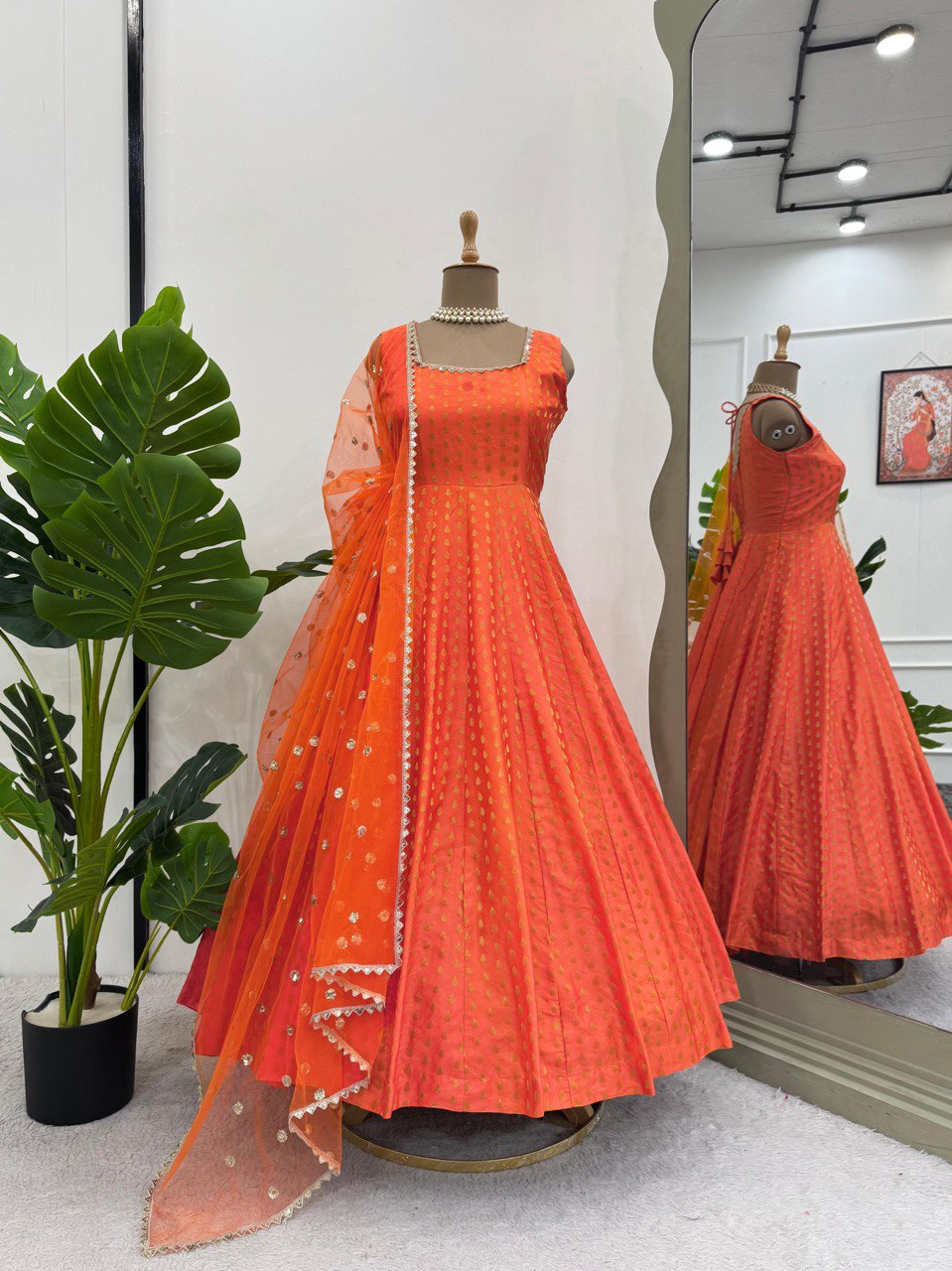 Designer Jacquard Silk Top with Cotton Pants and Sequins Dupatta