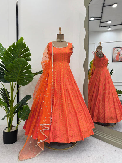 Designer Jacquard Silk Top with Cotton Pants and Sequins Dupatta