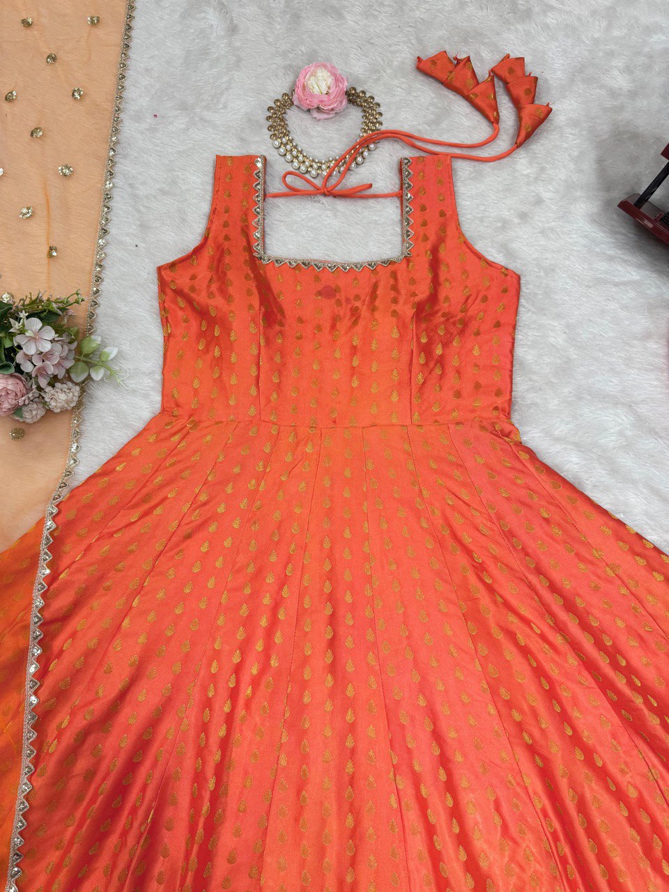 Designer Jacquard Silk Top with Cotton Pants and Sequins Dupatta