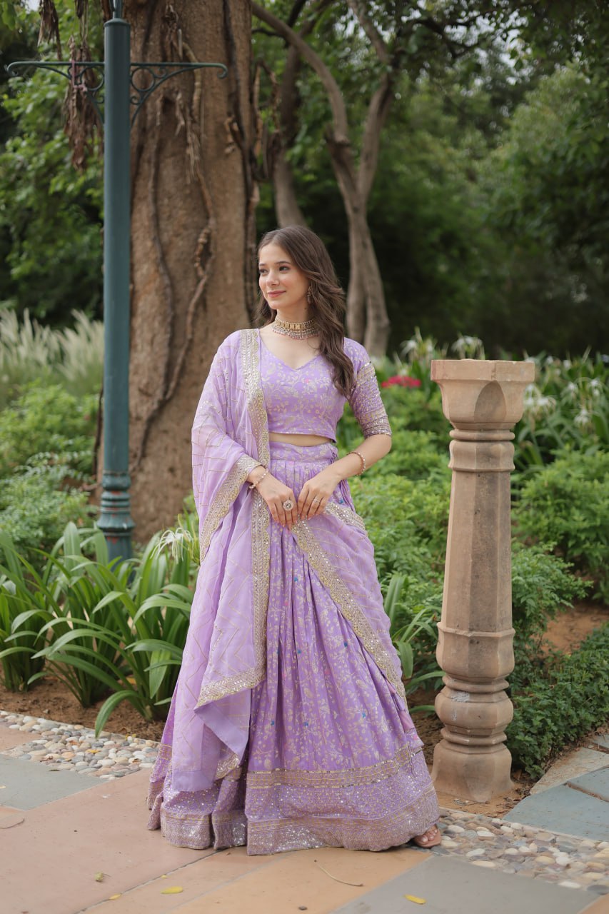 Pure Dyable Viscose Jacquard with Golden Embroidered Sequins Work  Lehenga with Blouse