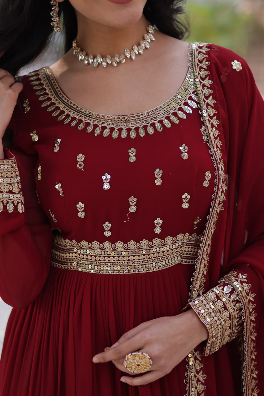 "Elegant Faux Blooming Embroidered Gown with Sequins and Designer Dupatta Set"