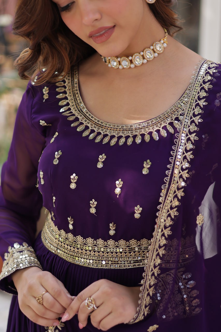 "Elegant Faux Blooming Embroidered Gown with Sequins and Designer Dupatta Set"