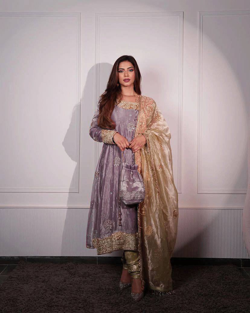 "Luxury Jimmy Choo Sequence Embroidered Eid Set with Moti Work and Lace Detailing"