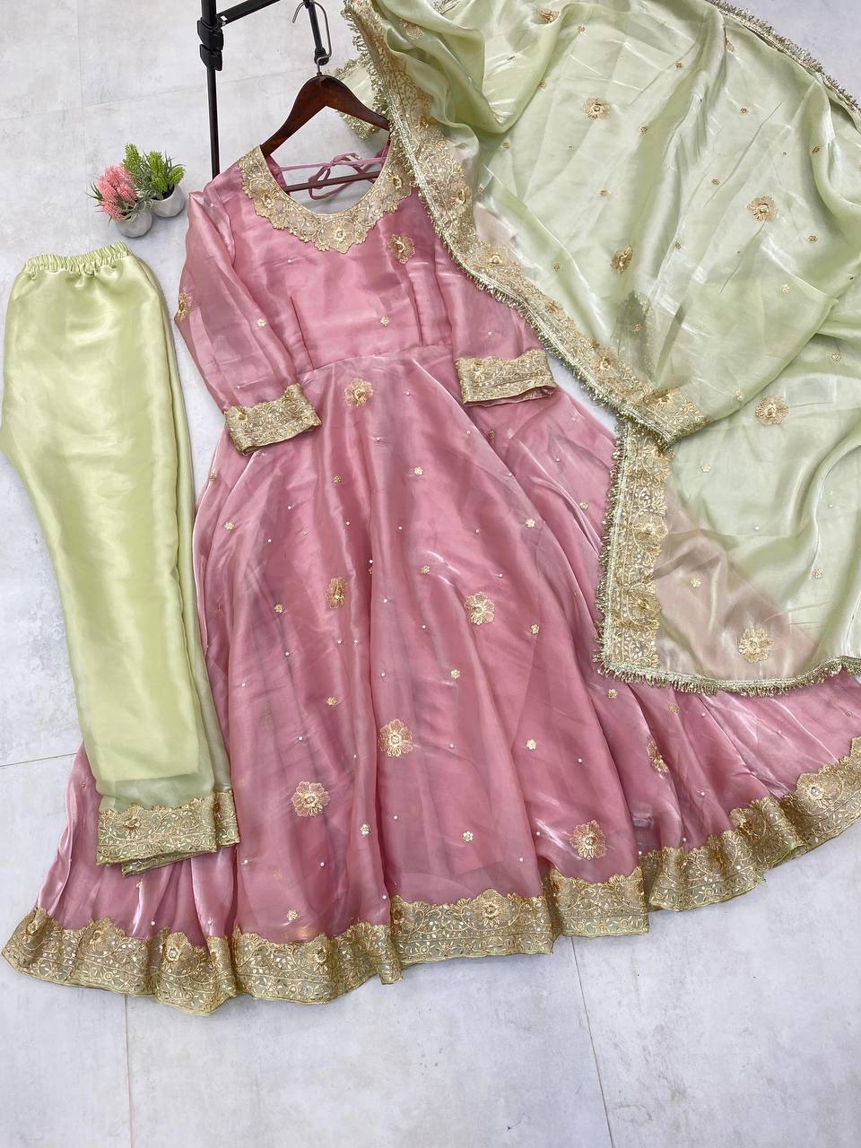 "Luxury Jimmy Choo Sequence Embroidered Eid Set with Moti Work and Lace Detailing"