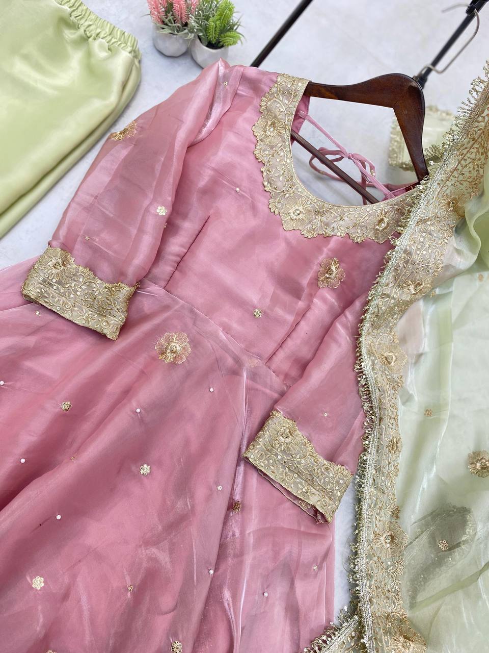 "Luxury Jimmy Choo Sequence Embroidered Eid Set with Moti Work and Lace Detailing"