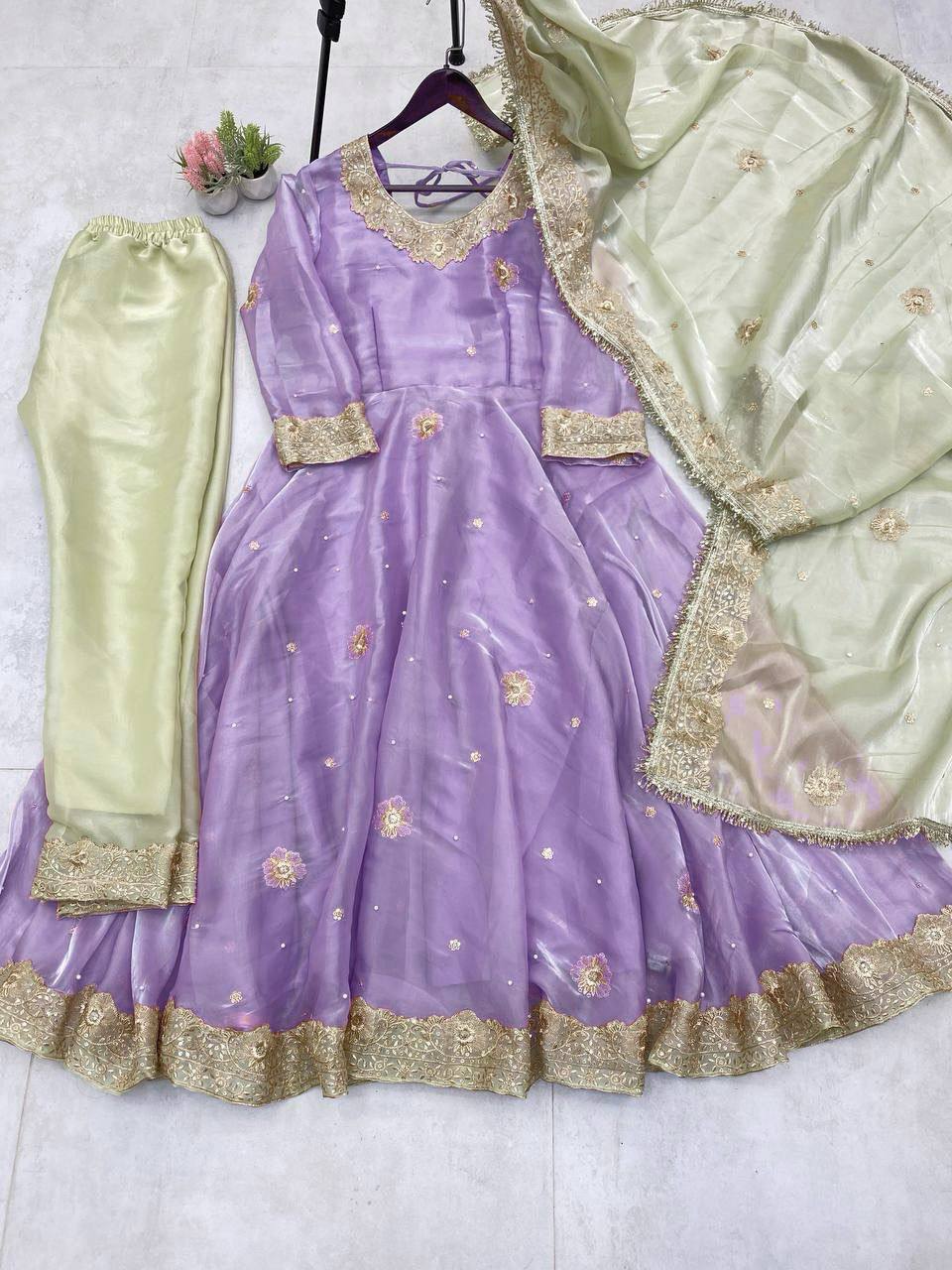 "Luxury Jimmy Choo Sequence Embroidered Eid Set with Moti Work and Lace Detailing"