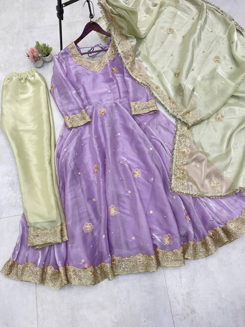 "Luxury Jimmy Choo Sequence Embroidered Eid Set with Moti Work and Lace Detailing"