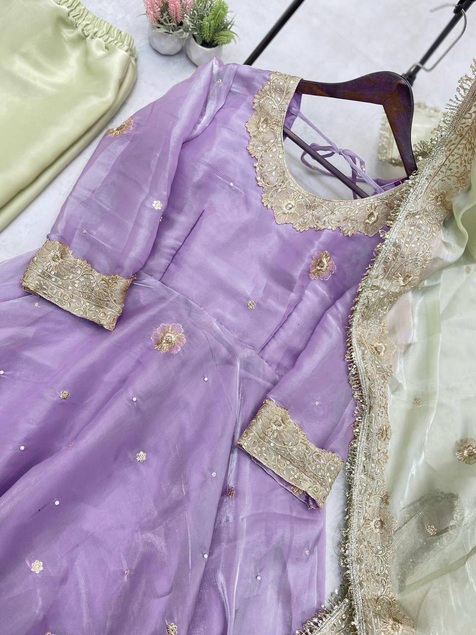 "Luxury Jimmy Choo Sequence Embroidered Eid Set with Moti Work and Lace Detailing"