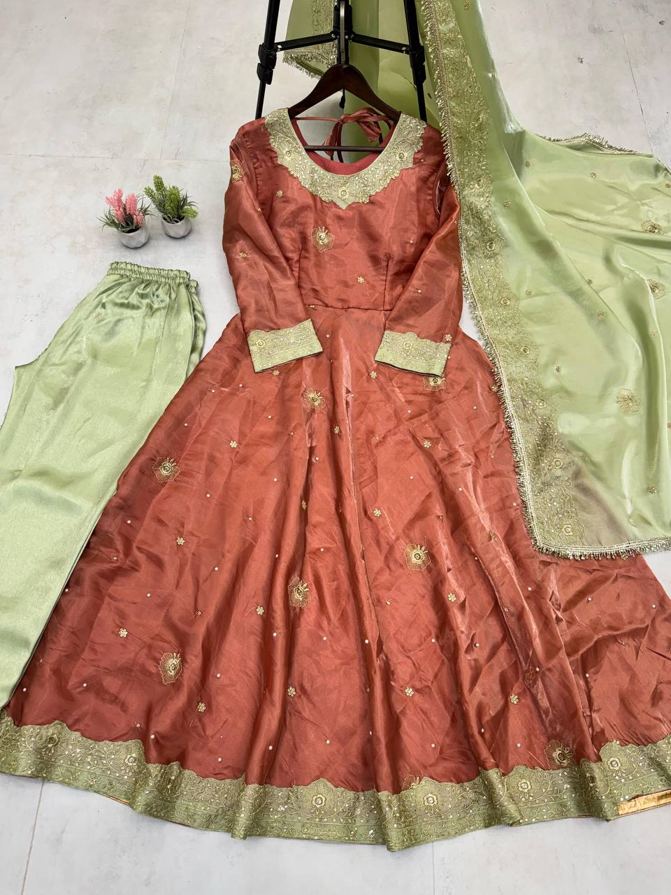 "Luxury Jimmy Choo Sequence Embroidered Eid Set with Moti Work and Lace Detailing"