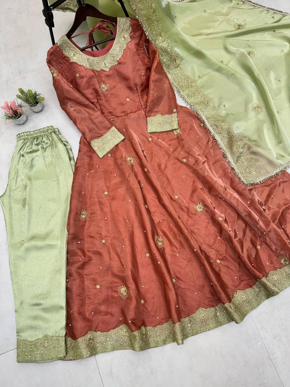 "Luxury Jimmy Choo Sequence Embroidered Eid Set with Moti Work and Lace Detailing"
