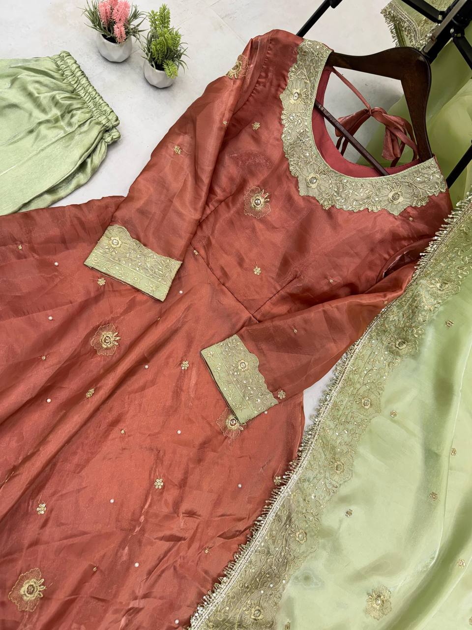 "Luxury Jimmy Choo Sequence Embroidered Eid Set with Moti Work and Lace Detailing"