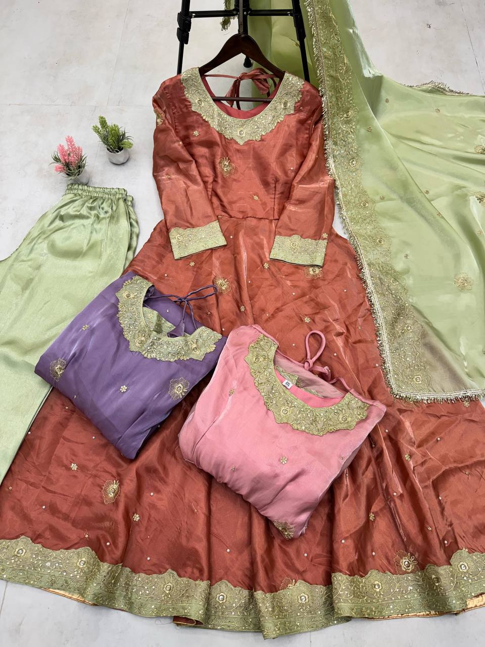 "Luxury Jimmy Choo Sequence Embroidered Eid Set with Moti Work and Lace Detailing"