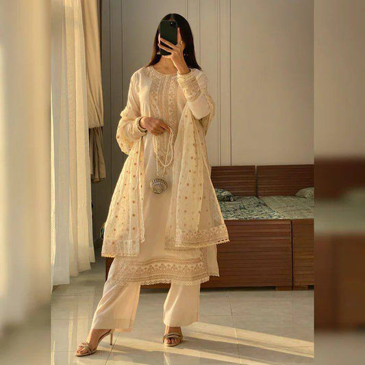 "Elegant Roman Silk Sequence Embroidered Eid Collection with Fancy GPO Lace Work"