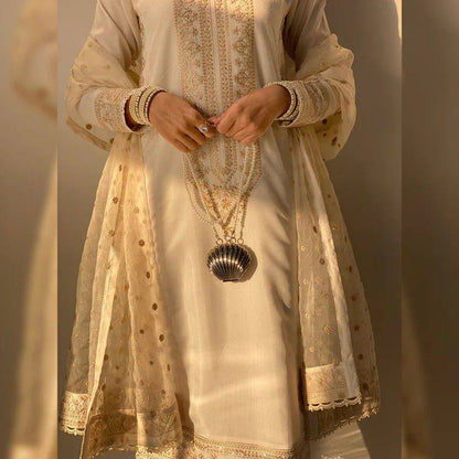 "Elegant Roman Silk Sequence Embroidered Eid Collection with Fancy GPO Lace Work"