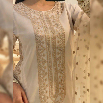 "Elegant Roman Silk Sequence Embroidered Eid Collection with Fancy GPO Lace Work"