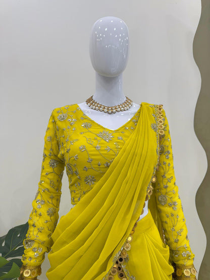 "Elegant Faux Georgette Lehenga Saree Set with Coin Lace Border & Thread Work Choli"