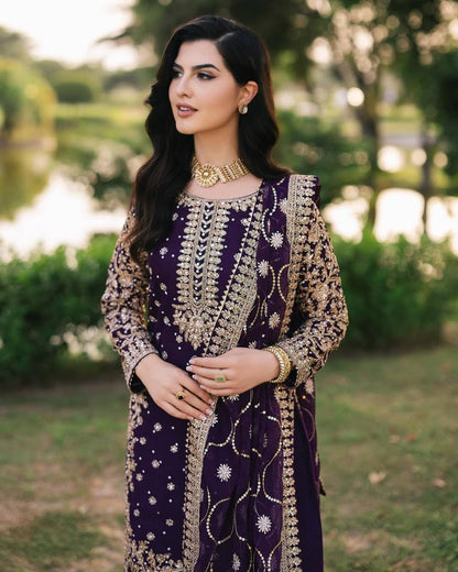 Luxury Faux Georgette Top, Pant, and Dupatta Set with Detailed Embroidery
