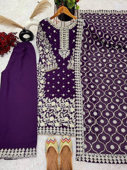 Luxury Faux Georgette Top, Pant, and Dupatta Set with Detailed Embroidery