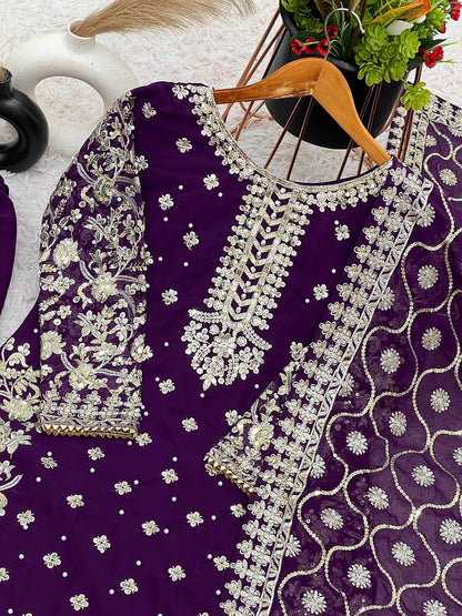 Luxury Faux Georgette Top, Pant, and Dupatta Set with Detailed Embroidery