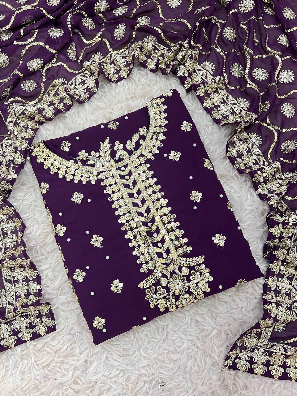 Luxury Faux Georgette Top, Pant, and Dupatta Set with Detailed Embroidery