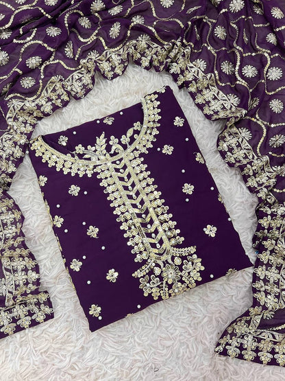 Luxury Faux Georgette Top, Pant, and Dupatta Set with Detailed Embroidery