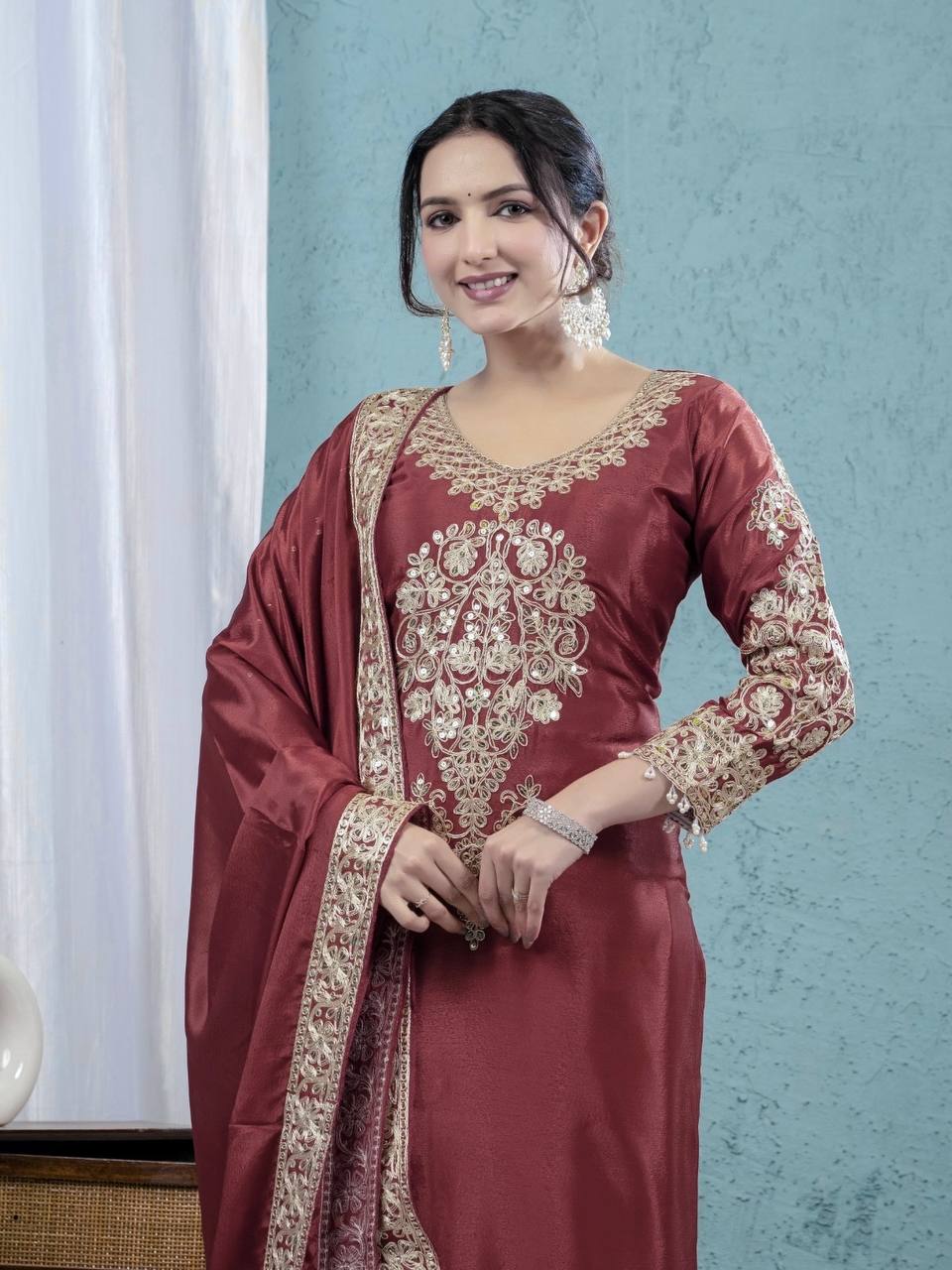 "Elegant Heavy Chinnon Silk Embroidered Suit Set with Dupatta and Pant"