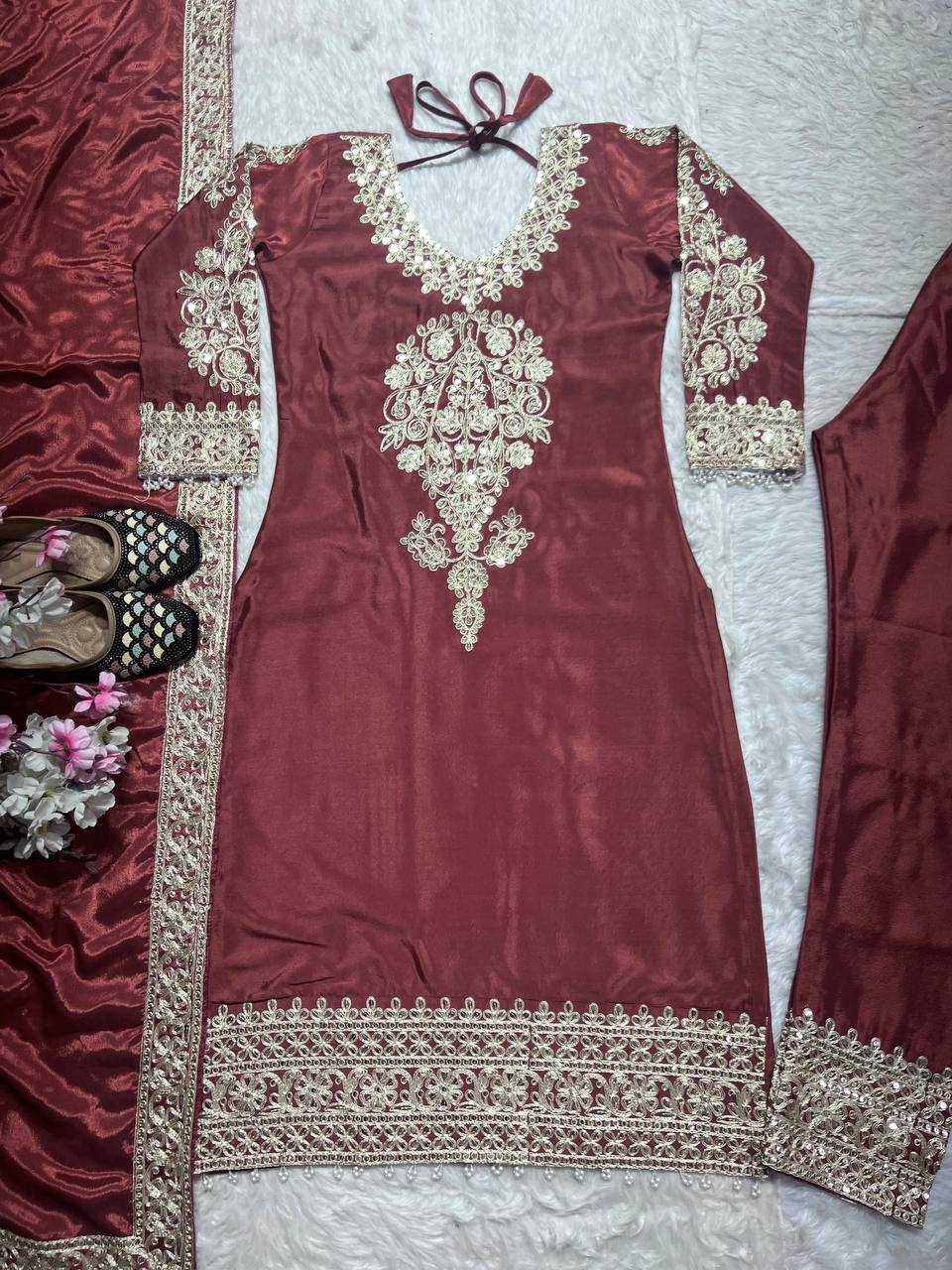 "Elegant Heavy Chinnon Silk Embroidered Suit Set with Dupatta and Pant"