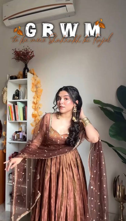 "Embroidered Fandy Silk Gown with Twill Net Dupatta & Elastic Bottom"