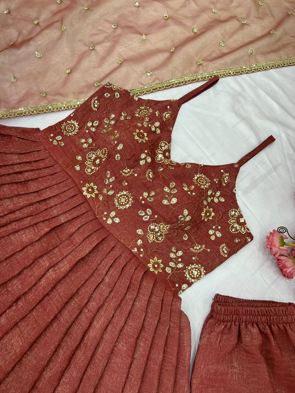 "Embroidered Fandy Silk Gown with Twill Net Dupatta & Elastic Bottom"