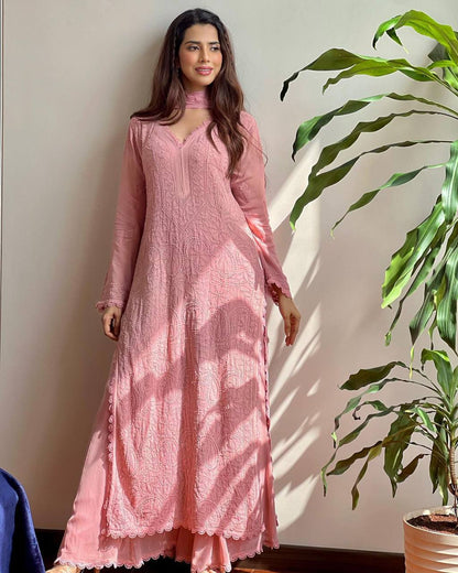 "Elegant Faux Georgette Set with Embroidery and GPO Lace Work"
