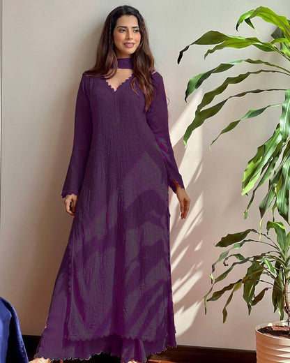 "Elegant Faux Georgette Set with Embroidery and GPO Lace Work"