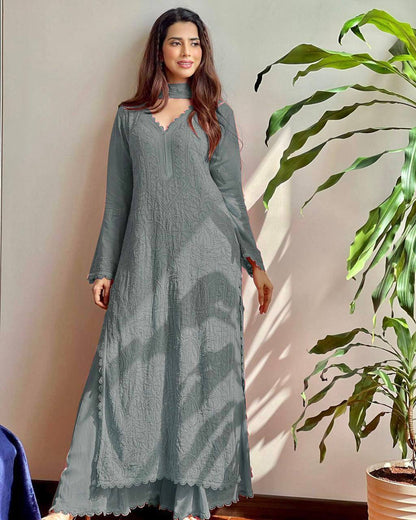 "Elegant Faux Georgette Set with Embroidery and GPO Lace Work"