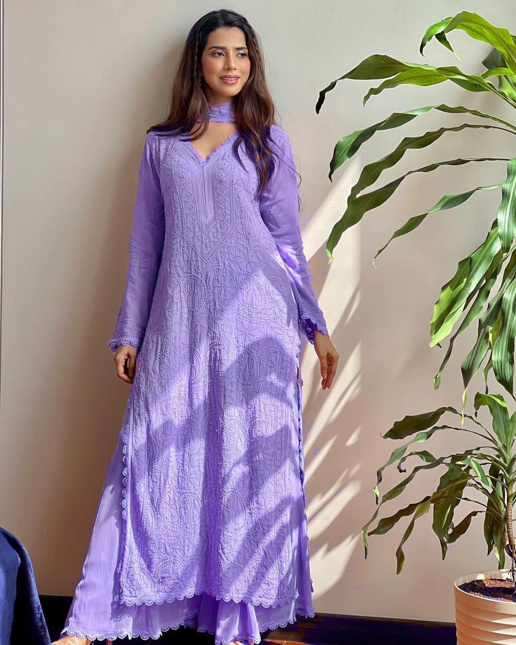 "Elegant Faux Georgette Set with Embroidery and GPO Lace Work"
