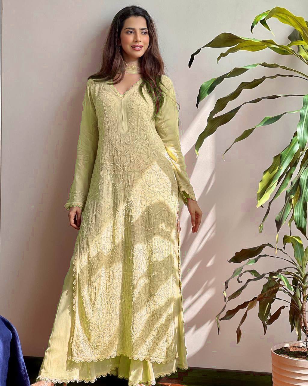 "Elegant Faux Georgette Set with Embroidery and GPO Lace Work"