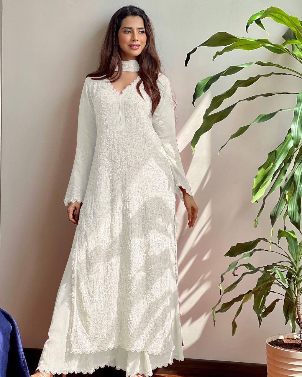 "Elegant Faux Georgette Set with Embroidery and GPO Lace Work"