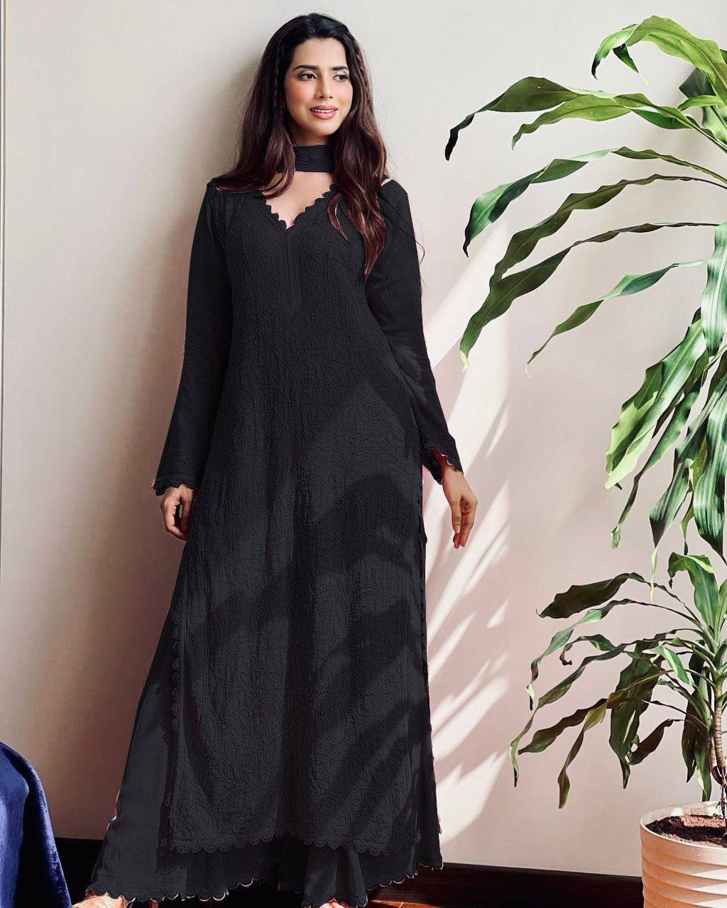 "Elegant Faux Georgette Set with Embroidery and GPO Lace Work"