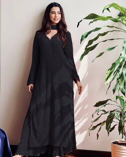 "Elegant Faux Georgette Set with Embroidery and GPO Lace Work"
