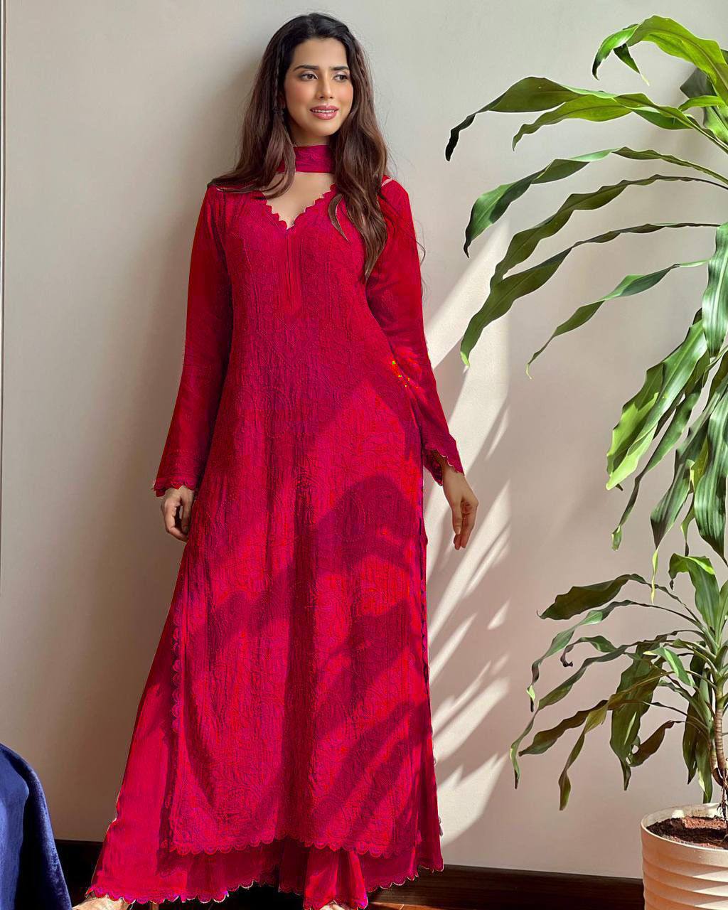"Elegant Faux Georgette Set with Embroidery and GPO Lace Work"