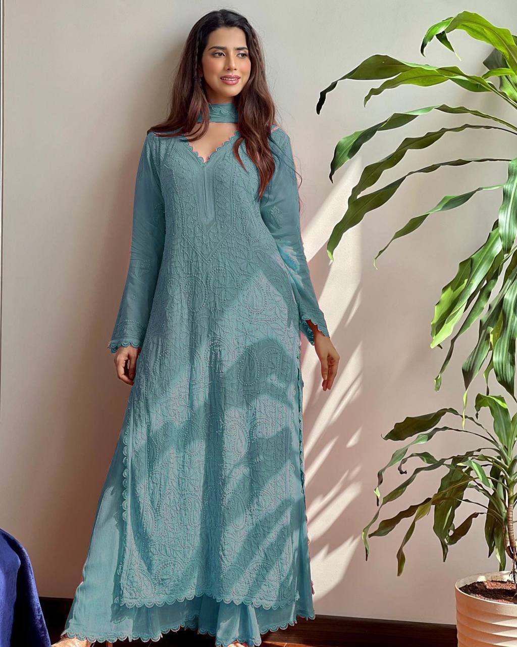 "Elegant Faux Georgette Set with Embroidery and GPO Lace Work"