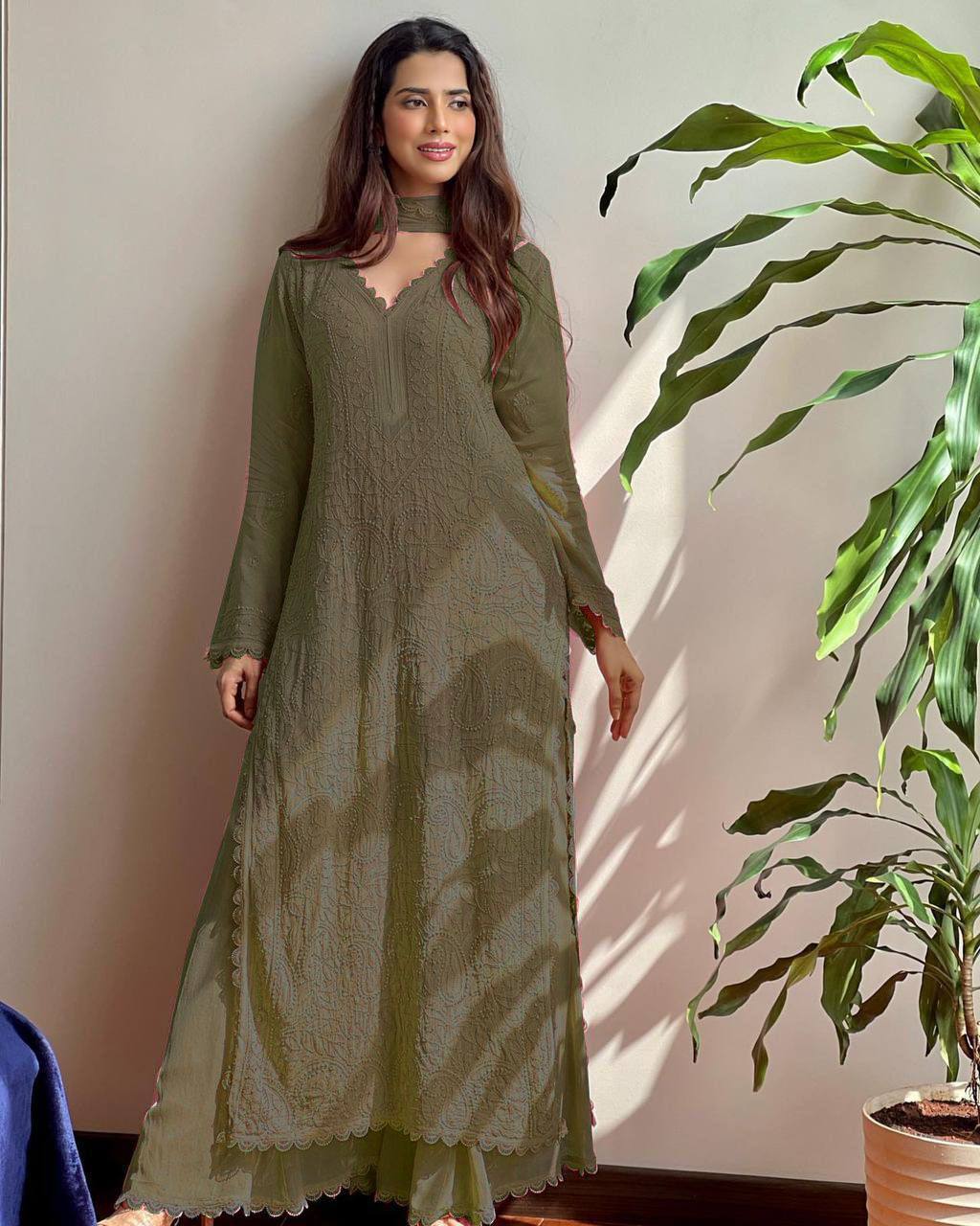"Elegant Faux Georgette Set with Embroidery and GPO Lace Work"