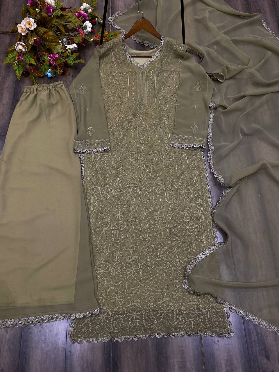 "Elegant Faux Georgette Set with Embroidery and GPO Lace Work"